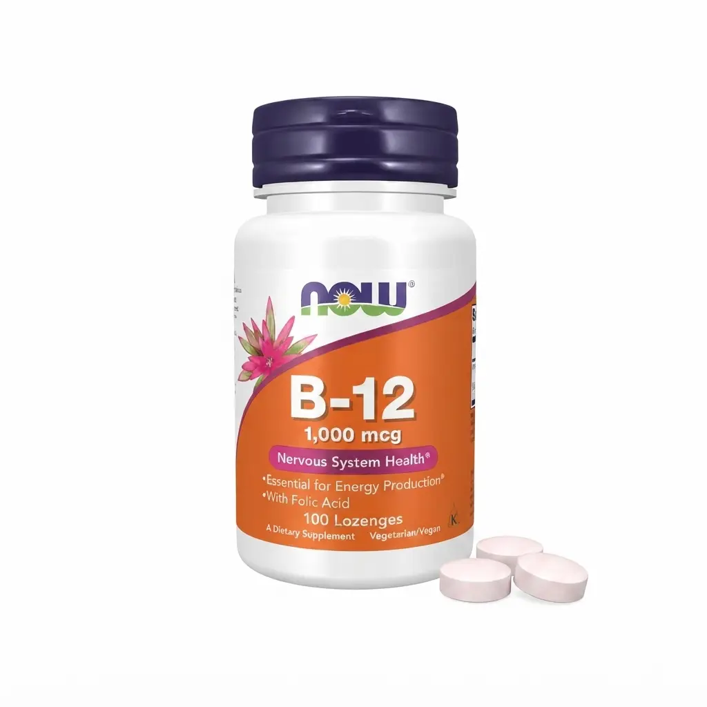 Vitamin B-12 1000mcg 100 Lozenges 1 NOW Vitamin B-12 1000 mcg bela bočica i ružičaste pastile