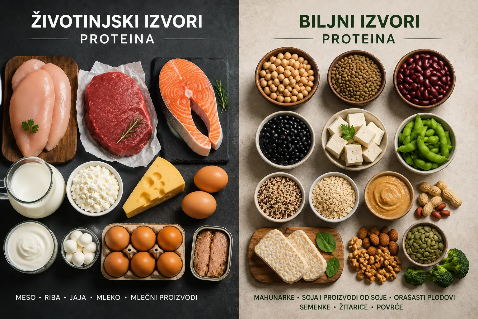 Biljni i životinjski izvori proteina jedni pored drugih