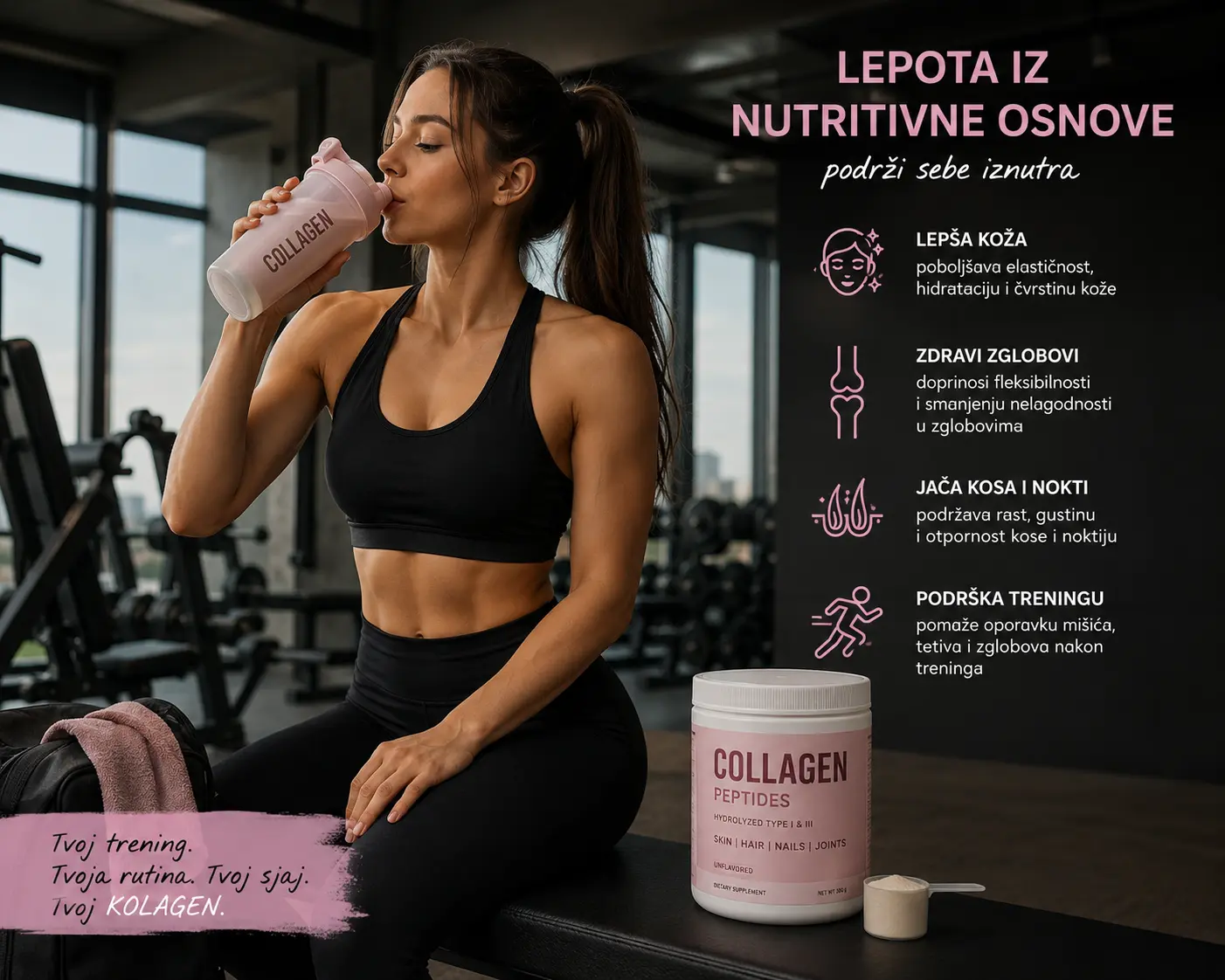 Fit devojka u teretani pije hidrolizovani kolagen iz šejkera nakon treninga, dok se pored nje nalazi pakovanje kolagena u prahu za podršku zglobovima, koži i oporavku mišića.