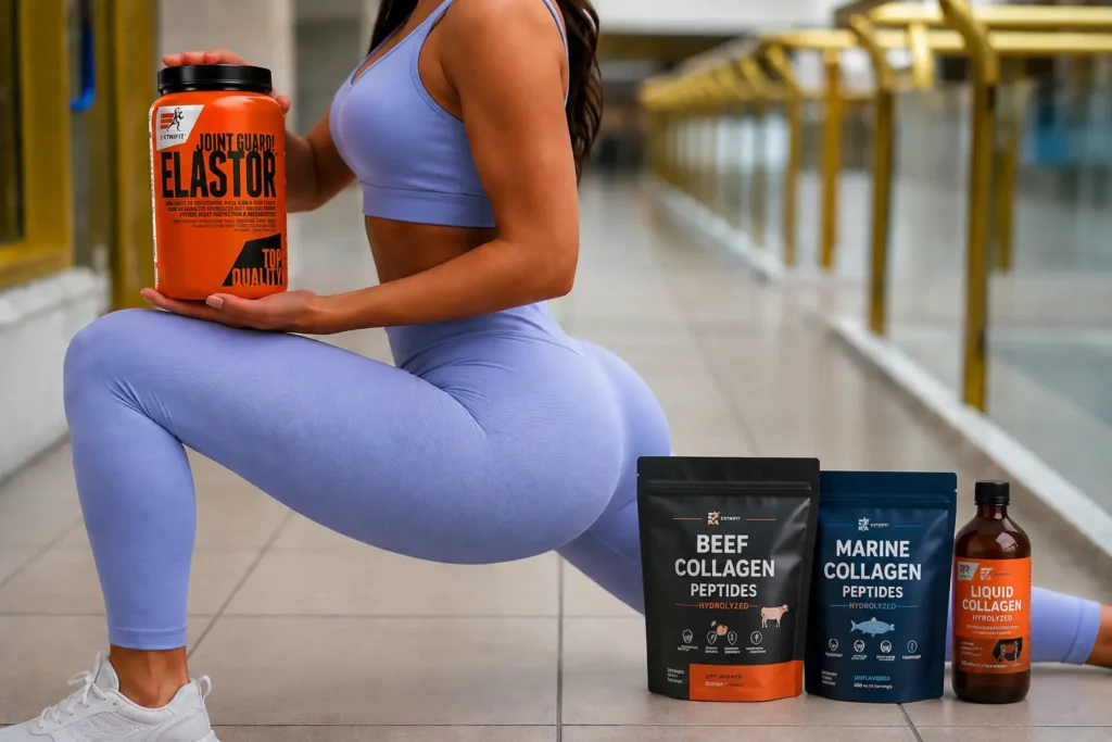 Sportistkinja u iskoraku drži Extrifit Elastor kolagen za podršku zglobovima, hrskavici i vezivnom tkivu.