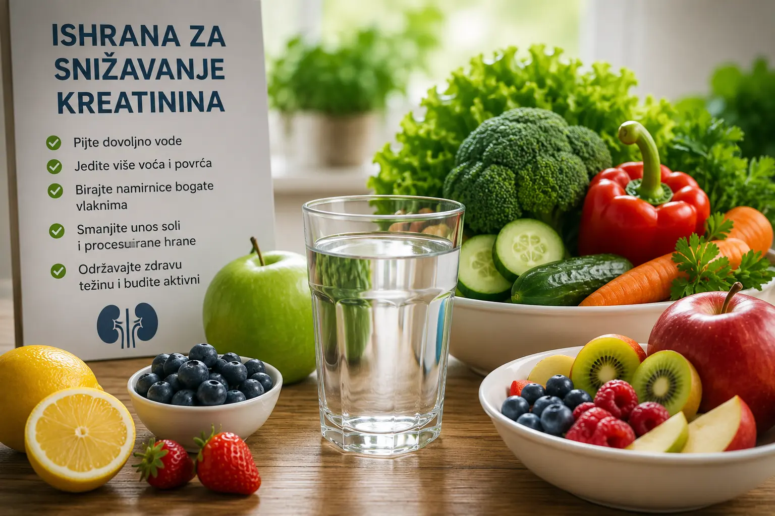Čaša vode, voće i povrće kao deo ishrane za snižavanje kreatinina 