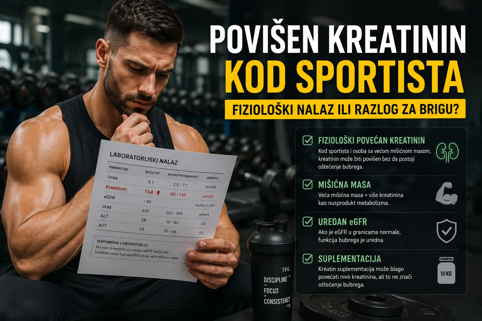 Sportista u teretani sa krvnim nalazom koji pokazuje fiziološki povišen kreatinin