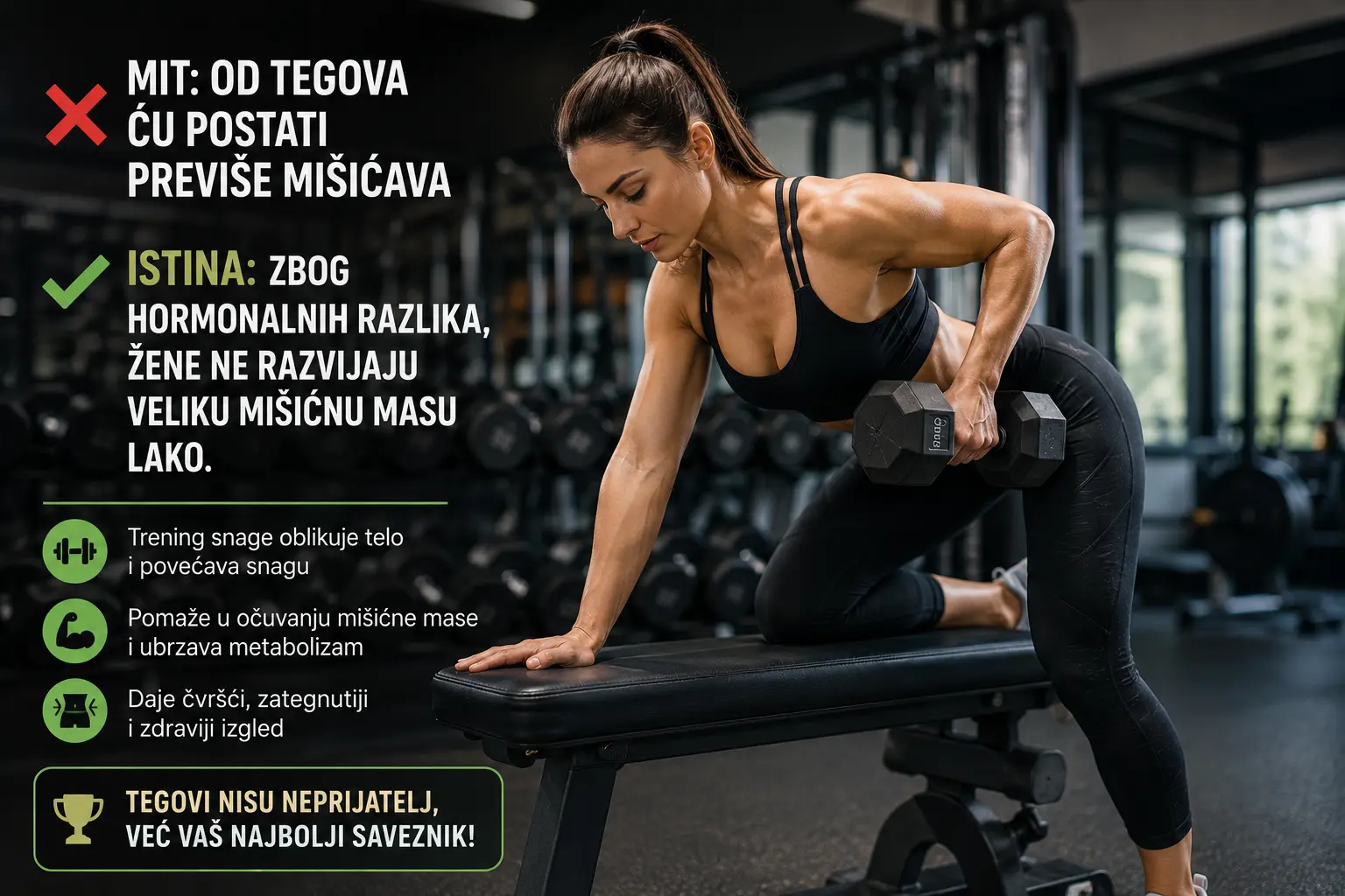 Žena na treningu snage sa tegovima — zašto vežbanje sa opterećenjem ne dovodi lako do prevelike mišićne mase
