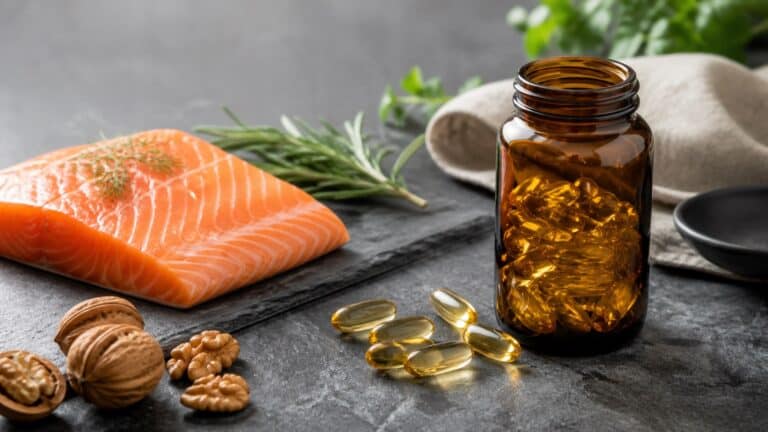 Omega 3 kapsule, losos i orasi kao izvori EPA, DHA i ALA